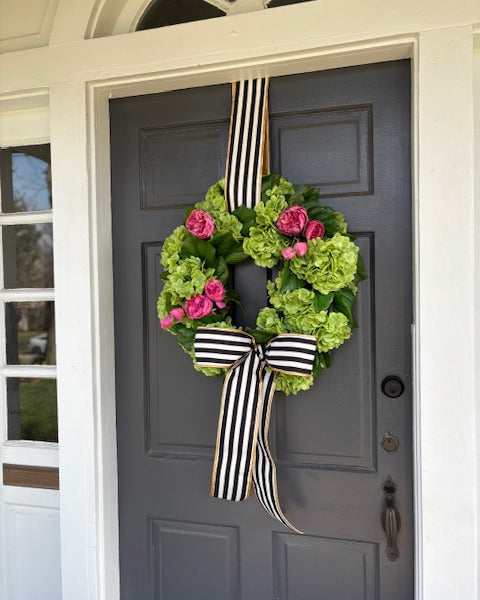 Bright Green Hydrangea and Hot Pink Rose Wreath