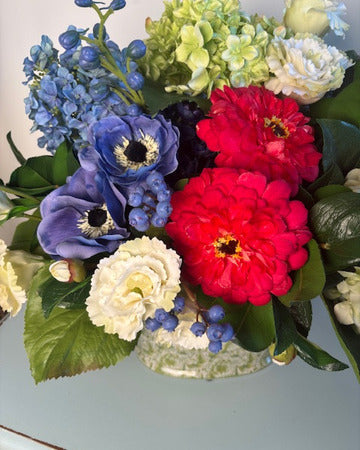 Zinnia and Hydrangea in Green Toile Oval