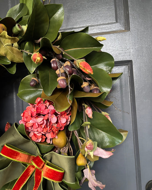 Magnolia Wreath w/ Hydrangea and Fruit