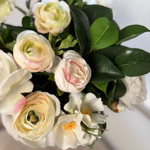 Peony, Roses, and Lisianthus in Compote