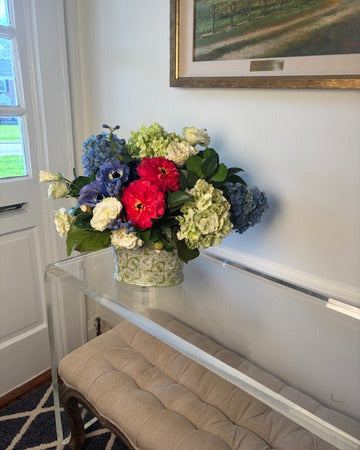 Zinnia and Hydrangea in Green Toile Oval