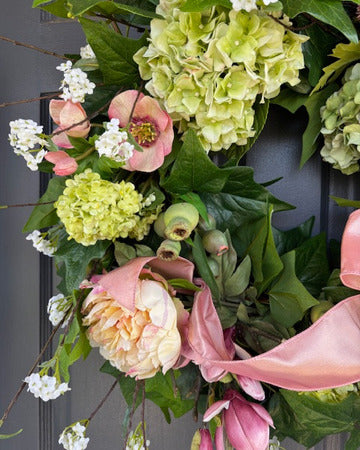 Peachy Pink Ribbon Hydrangea Wreath