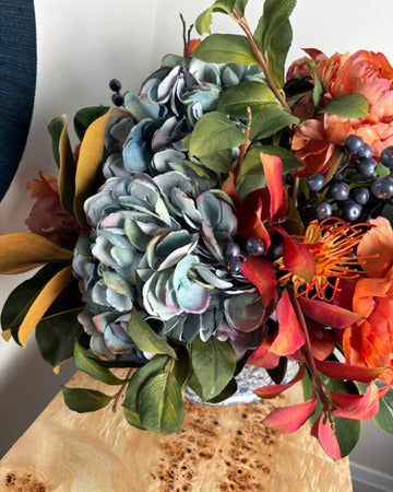 Fall Hydrangea & Peony in Blue Toile