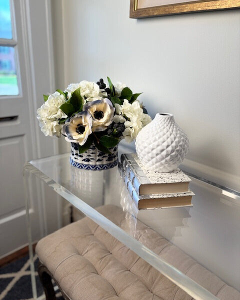 Faux Hydrangea and Anemone in Blue and White Fluted Pot