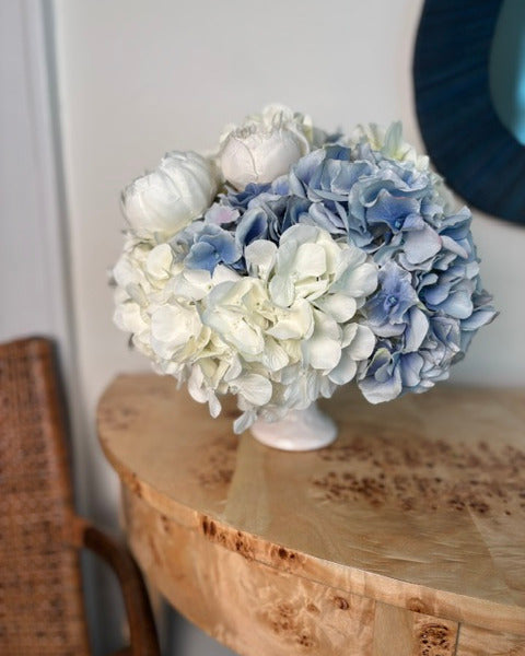 White & Blue Hydrangea, Ivory Peonies in Ivory Footed Compote