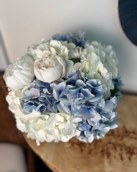 White & Blue Hydrangea, Ivory Peonies in Ivory Footed Compote