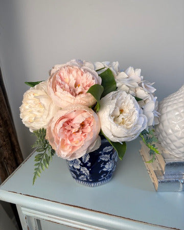 Pink and Ivory Peonies in Blue Scalloped Vase