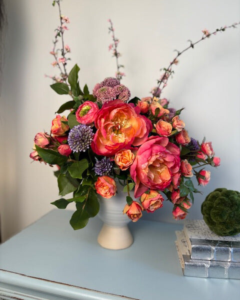Fuchsia Peony and Coral Spray Rose Pedestal