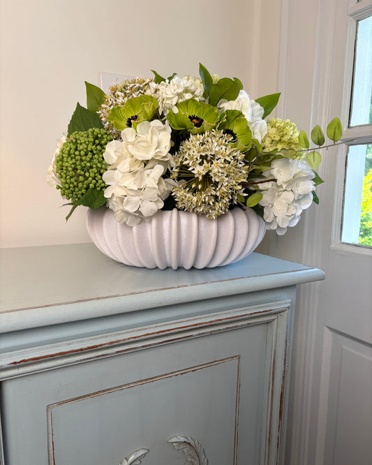 Hydrangea, Allium, Sedum, & Poppies in Matte White Fluted Vessel