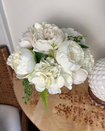 White Hydrangea, Snowball, Peonies, & Delicate Fern in Metal Compote