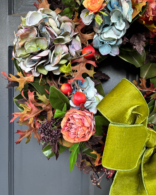 Fall Wreath w/ Hydrangea, Roses, Fall Leaves & Magnolia