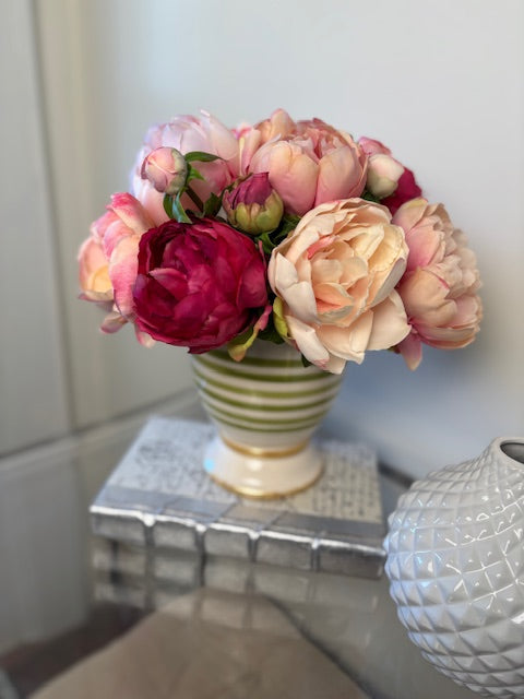 Pink and Coral Peony in Green Stripe