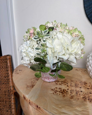 White & Pink Hydrangea in Pink Toile Pot