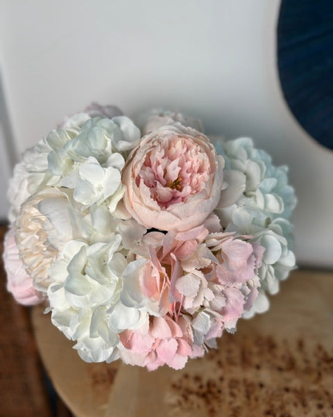 Pink & Ivory Hydrangea, Pink Peonies in Ivory Footed Compote