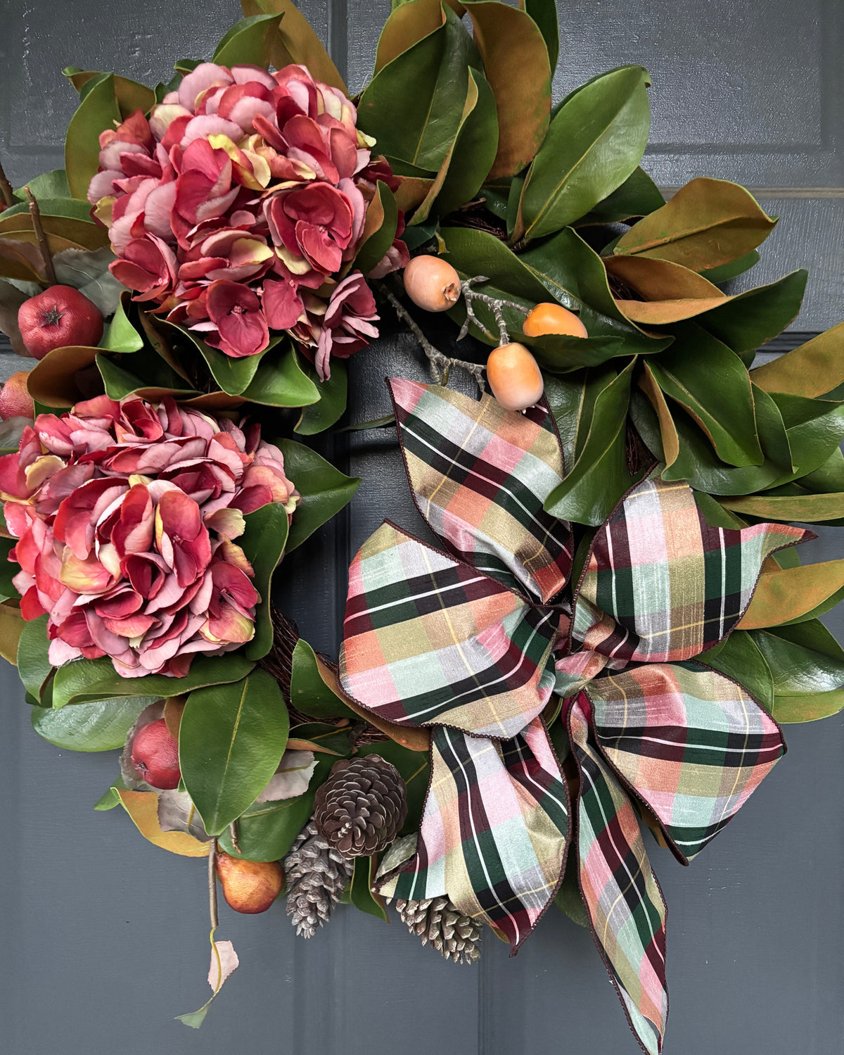 Hydrangea, Magnolia Wreath, Plaid Ribbon