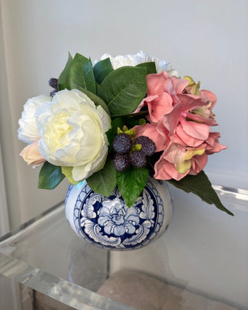Hydrangea and Raspberry in Blue Painted Vase