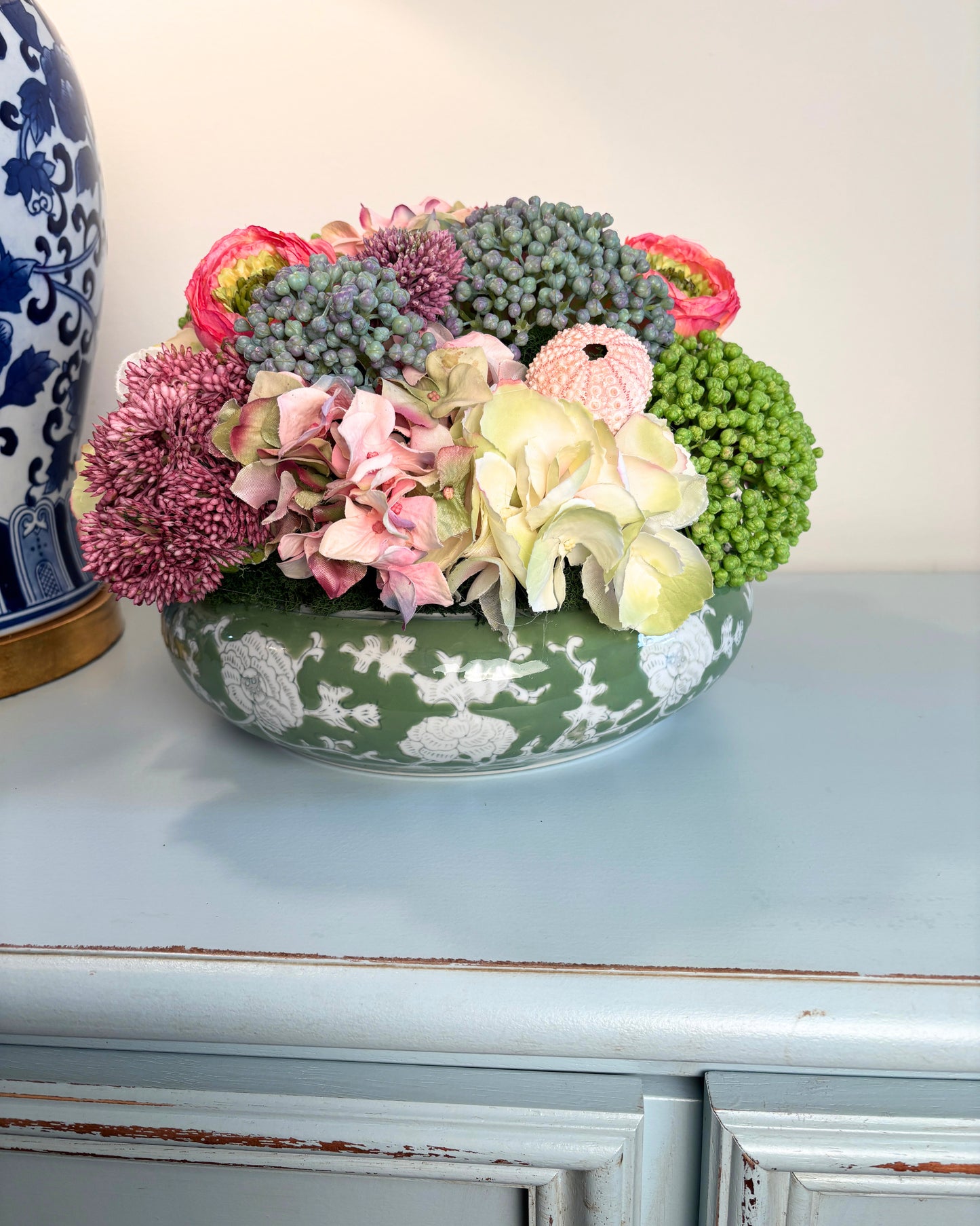 Sedum, Hydrangea, Ranunculus and Shells