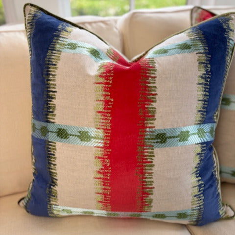 Velvet Blue and Coral Stripe 22" Sq Pillows Pair