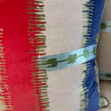 Velvet Blue and Coral Stripe 22" Sq Pillows Pair