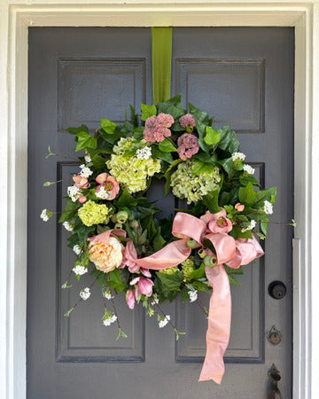 Peachy Pink Ribbon Hydrangea Wreath
