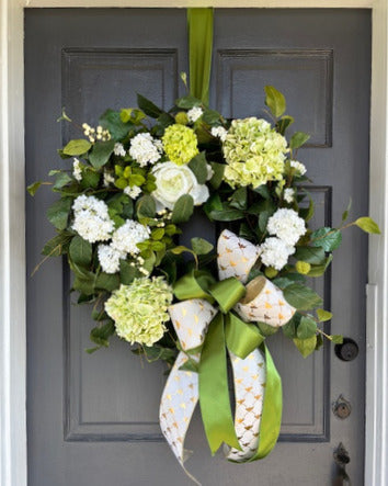 White and Green Hydrangea Wreath with Gold Bee Ribbon