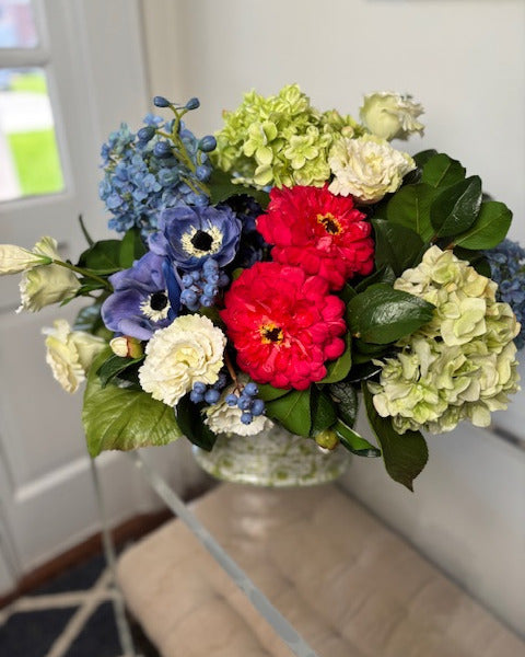 Zinnia and Hydrangea in Green Toile Oval