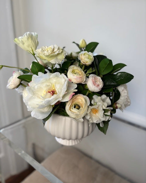 Peony, Roses, and Lisianthus in Compote