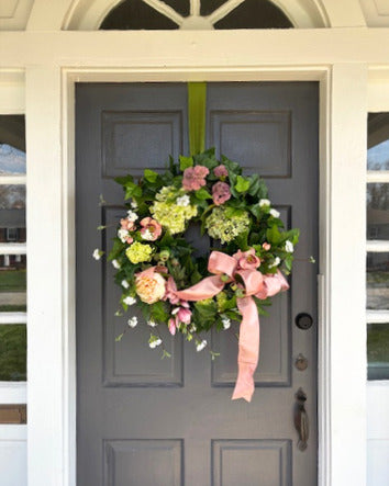 Peachy Pink Ribbon Hydrangea Wreath
