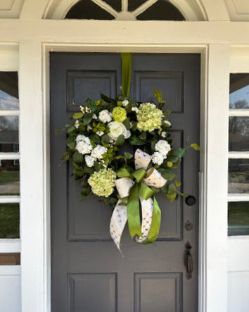 White and Green Hydrangea Wreath with Gold Bee Ribbon