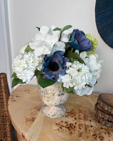 Blue Anemone and Hydrangea in Distressed Compote