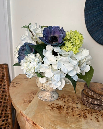 Blue Anemone and Hydrangea in Distressed Compote