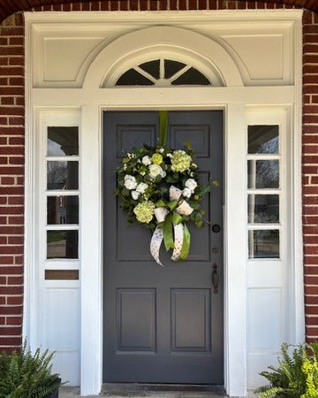 White and Green Hydrangea Wreath with Gold Bee Ribbon