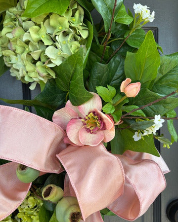 Peachy Pink Ribbon Hydrangea Wreath