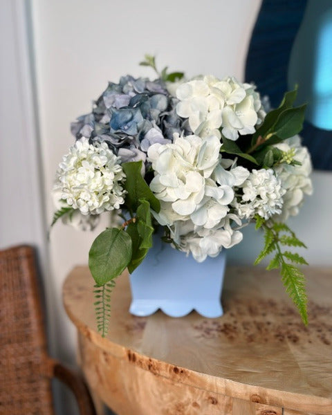 Blue and White Hydrangea in Blue Scalloped Cache Pot