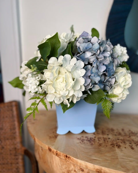 Blue and White Hydrangea in Blue Scalloped Cache Pot