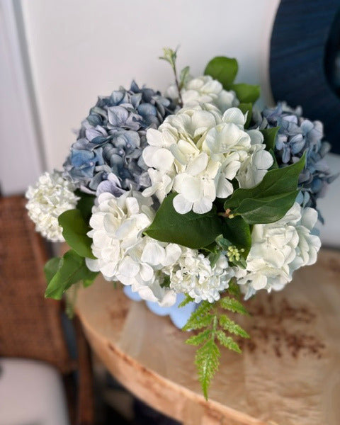 Blue and White Hydrangea in Blue Scalloped Cache Pot