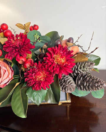 Rose, Dalhia, Fruit and Blooms in Wood Rect