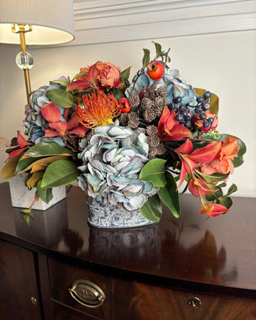 Fall Hydrangea & Peony in Blue Toile