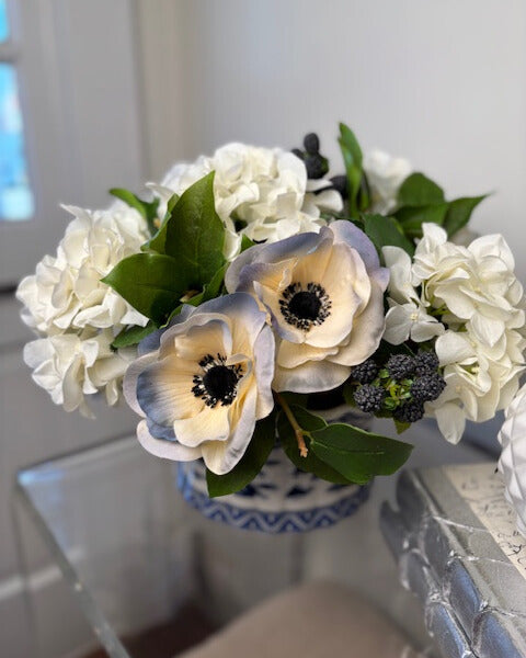 Faux Hydrangea and Anemone in Blue and White Fluted Pot