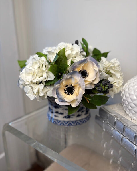 Faux Hydrangea and Anemone in Blue and White Fluted Pot