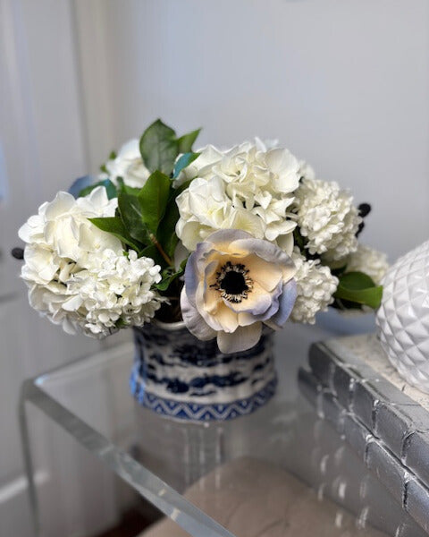 Faux Hydrangea and Anemone in Blue and White Fluted Pot