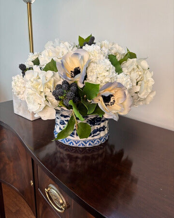 Faux Hydrangea and Anemone in Blue and White Fluted Pot
