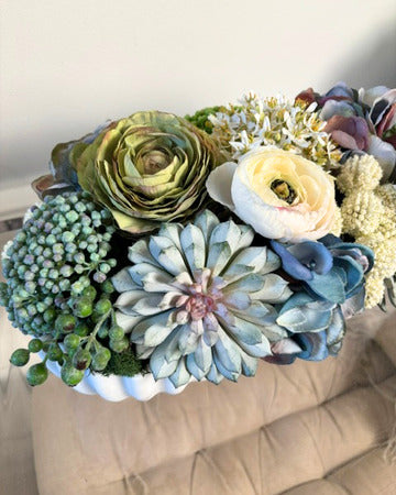 Sedum, Succulent, and Ranunculus Arrangement