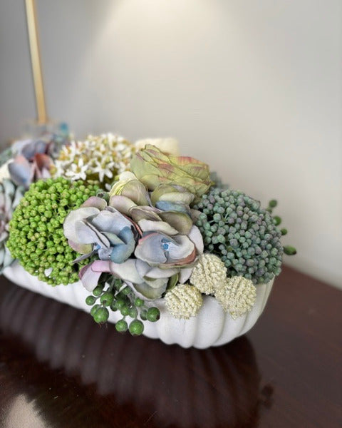 Sedum, Succulent, and Ranunculus Arrangement