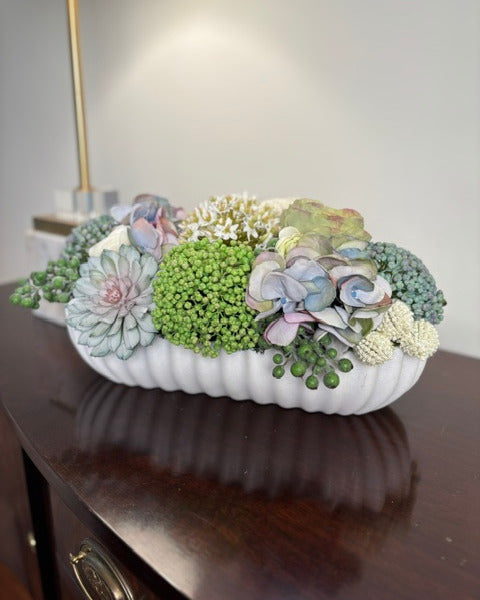 Sedum, Succulent, and Ranunculus Arrangement