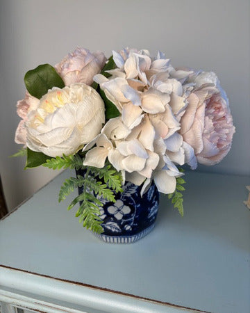 Pink and Ivory Peonies in Blue Scalloped Vase