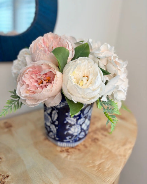 Pink and Ivory Peonies in Blue Scalloped Vase