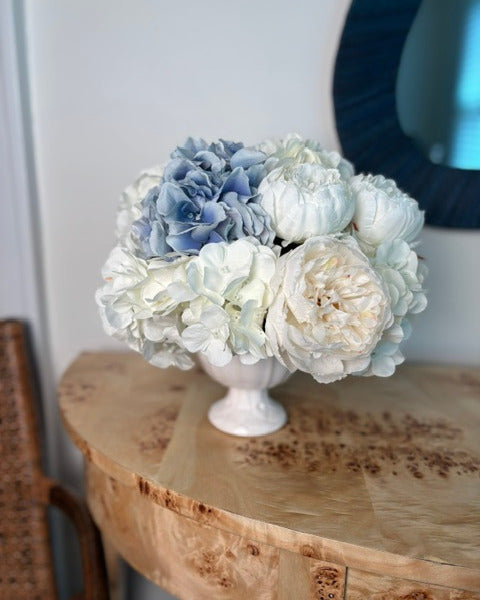 White & Blue Hydrangea, Ivory Peonies in Ivory Footed Compote
