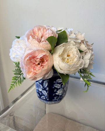 Pink and Ivory Peonies in Blue Scalloped Vase