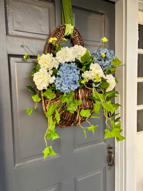 Grapevine Hanging Door Basket Blue Hydrangea